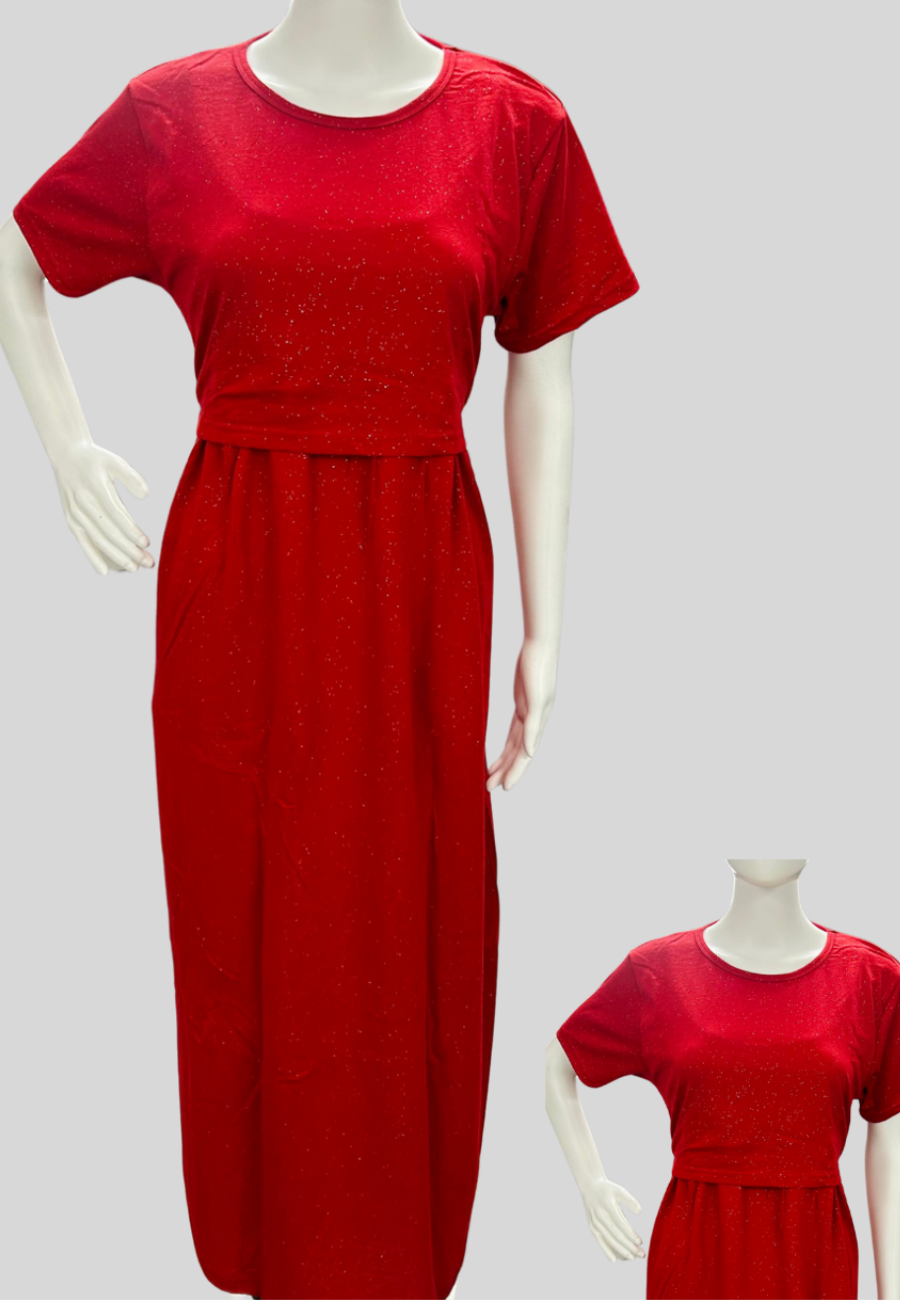 Red Glitter Soft Cotton Zipless Maternity & Feeding Dress | Full Length