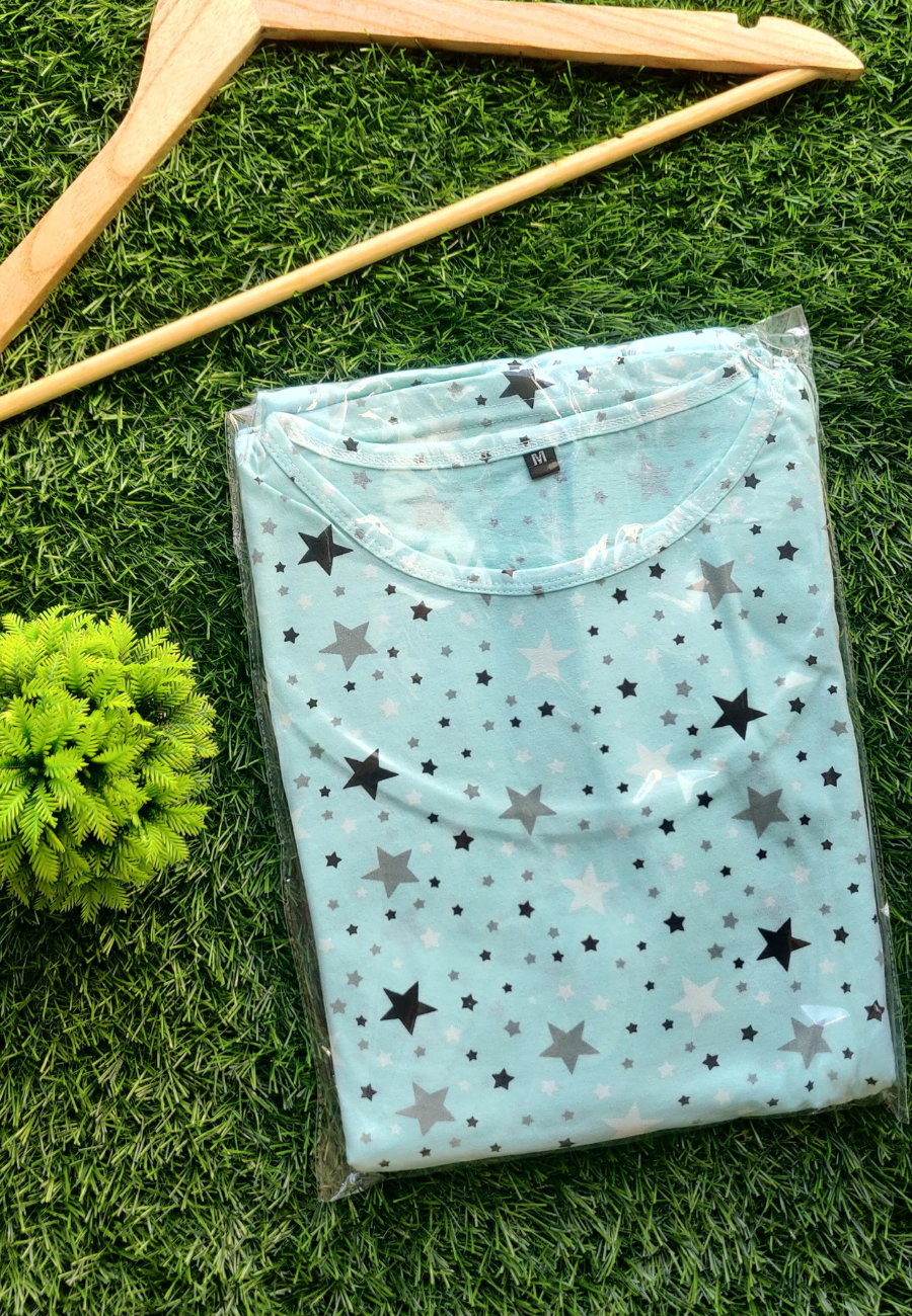 Skyblue Star Soft Cotton Zipless Maternity & Feeding Dress | Full Length