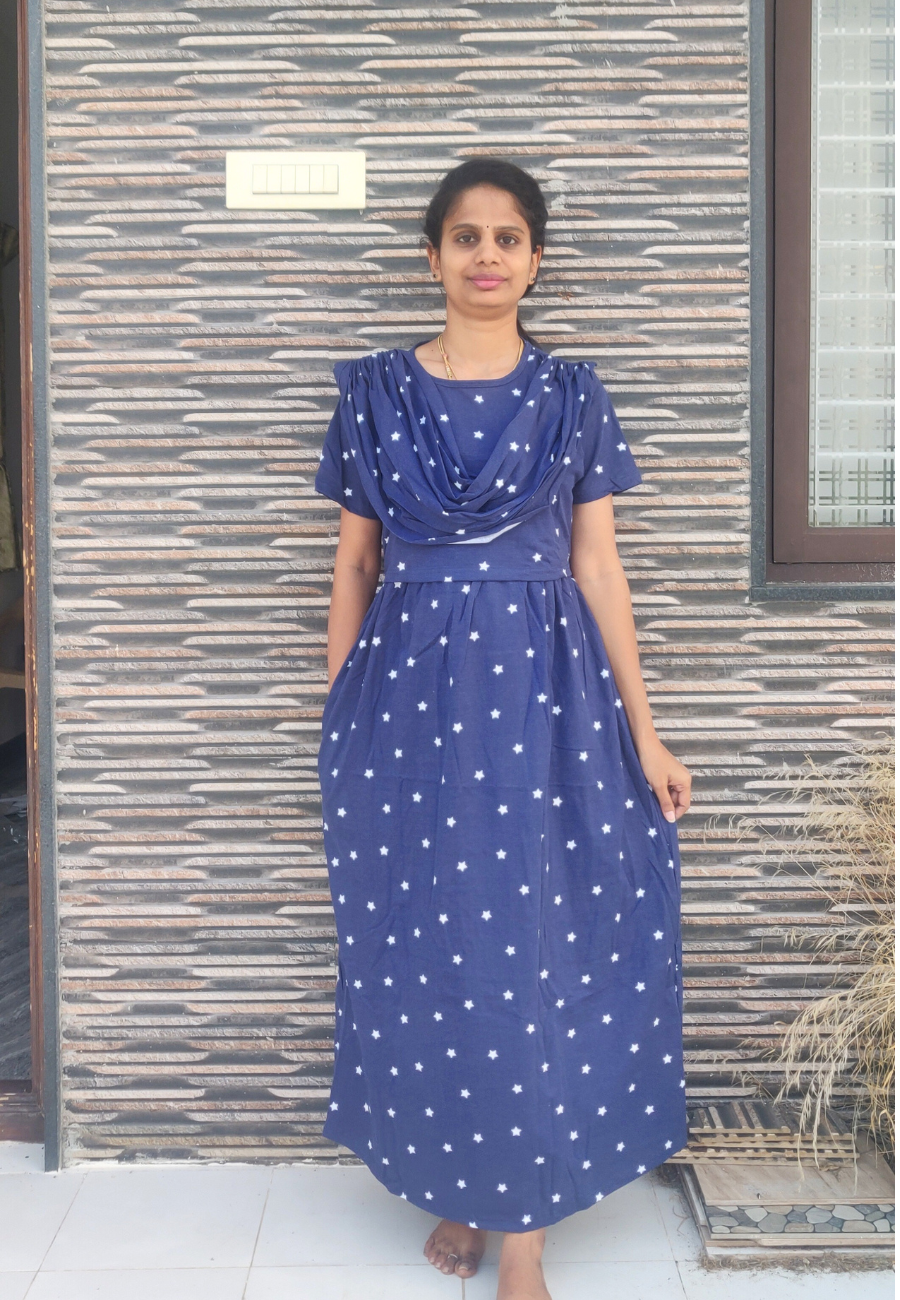 Blue Baby Star Soft Cotton Zipless Maternity & Feeding With Dupatta