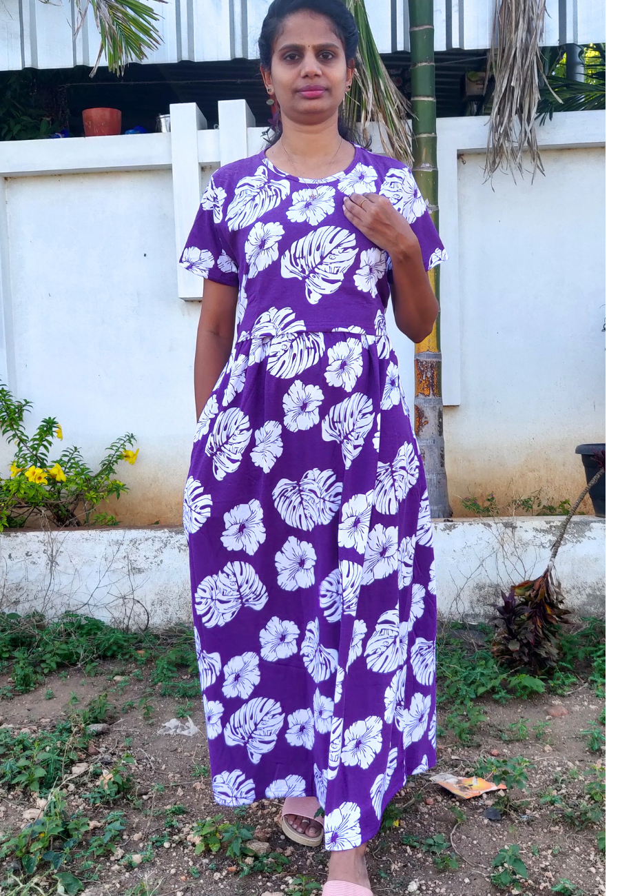 Purple Petals Soft Cotton Zipless Maternity & Feeding Dress | Full Length