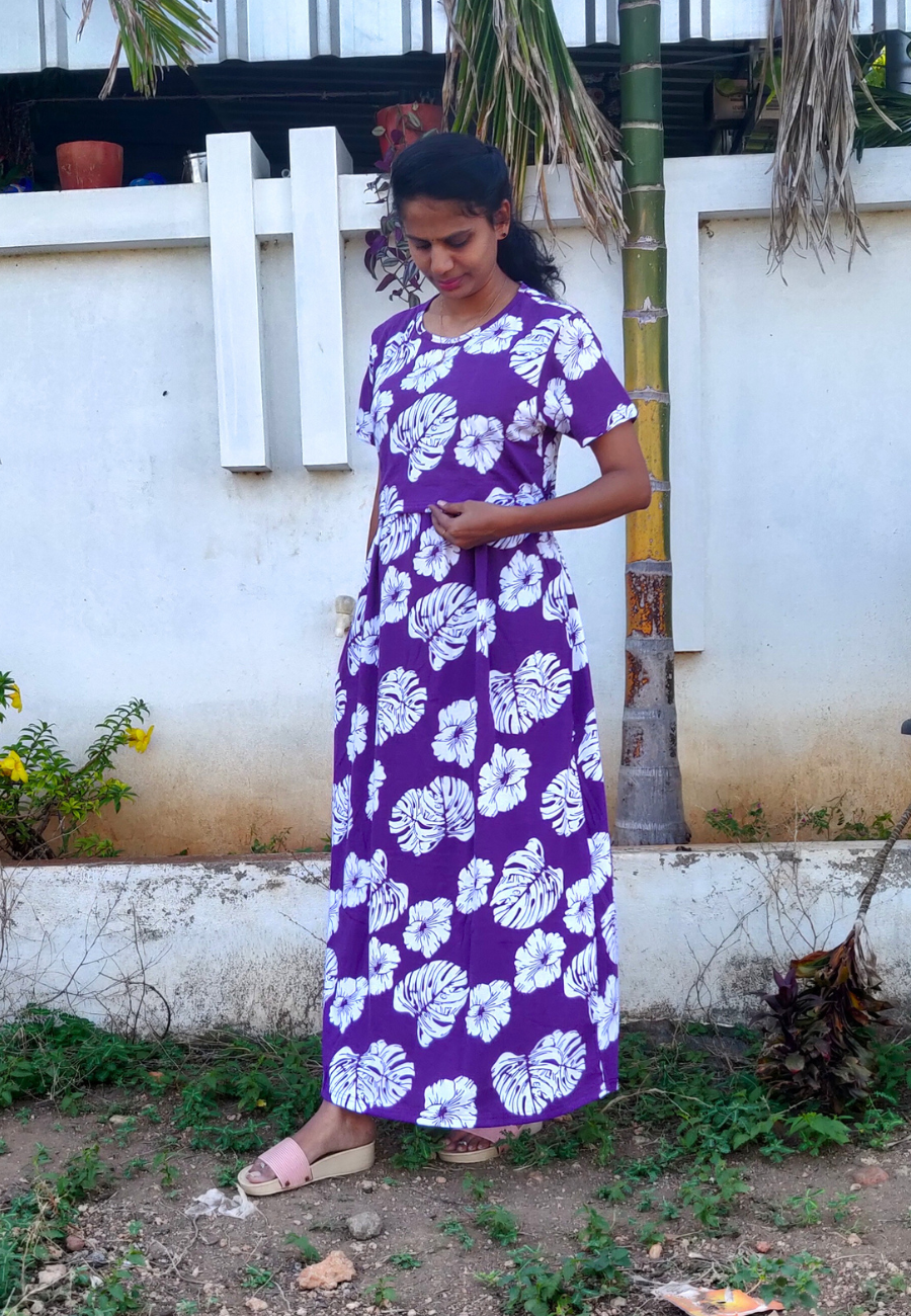 Purple Petals Soft Cotton Zipless Maternity & Feeding Dress | Full Length