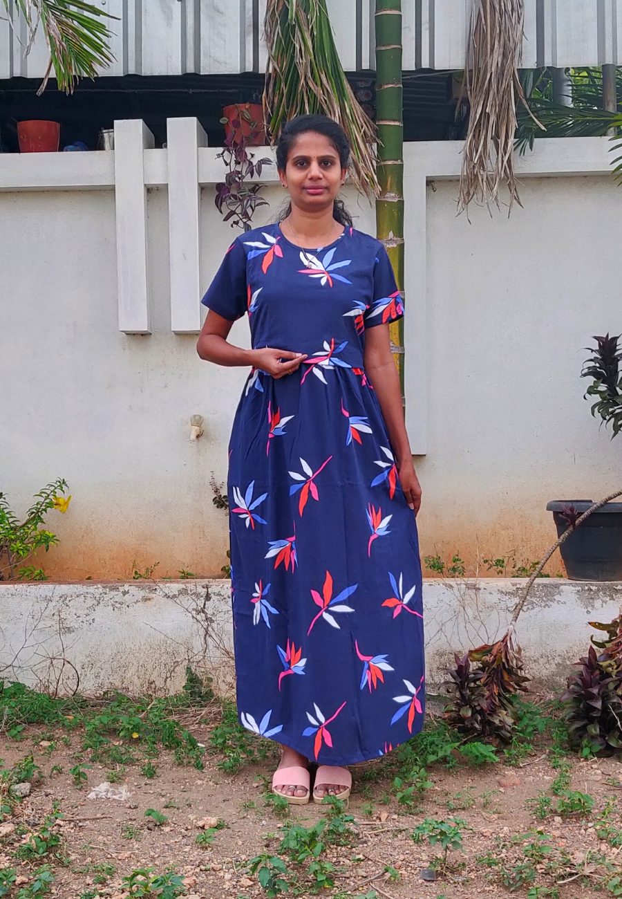 Navy Start Leaf Soft Cotton Zipless Maternity & Feeding Dress | Full Length