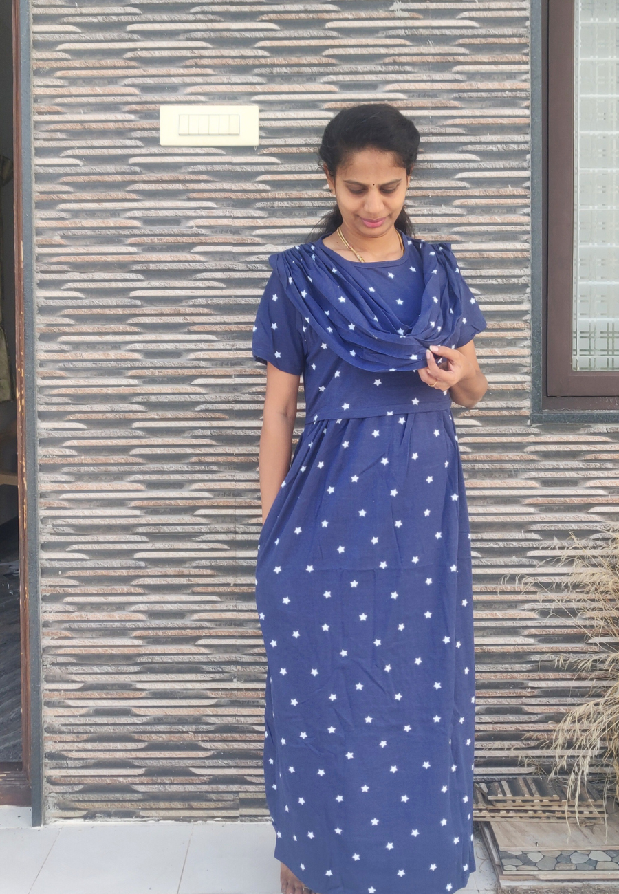 Blue Baby Star Soft Cotton Zipless Maternity & Feeding With Dupatta