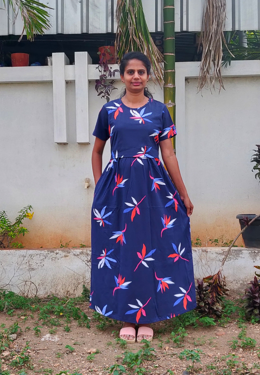 Navy Start Leaf Soft Cotton Zipless Maternity & Feeding Dress | Full Length