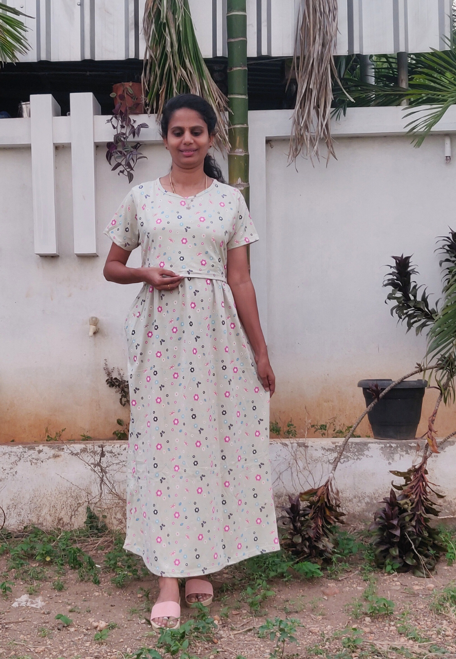 Light Green Butterfly Soft Cotton Zipless Maternity & Feeding Dress | Full Length