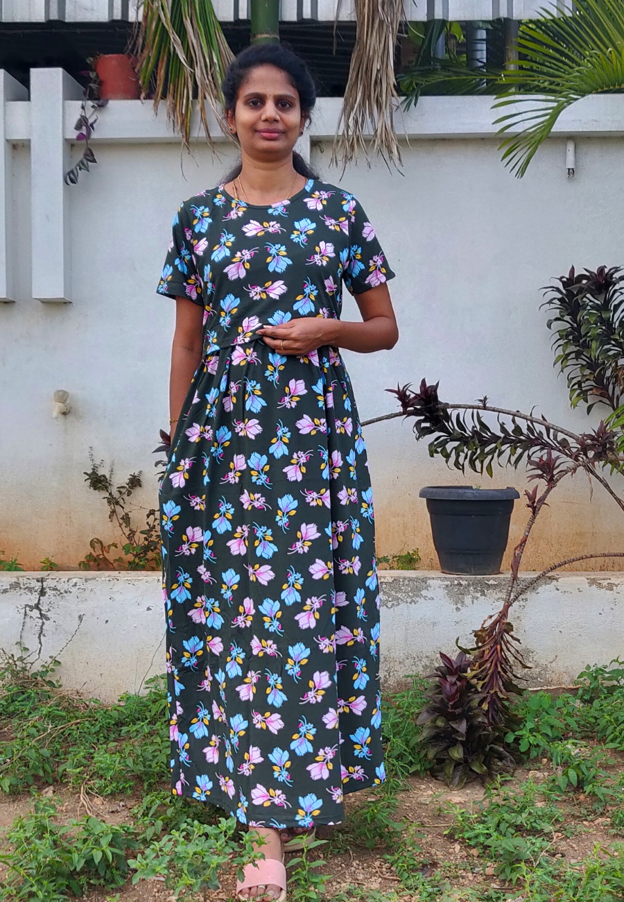 Black Hibis Soft Cotton Zipless Maternity & Feeding Dress | Full Length