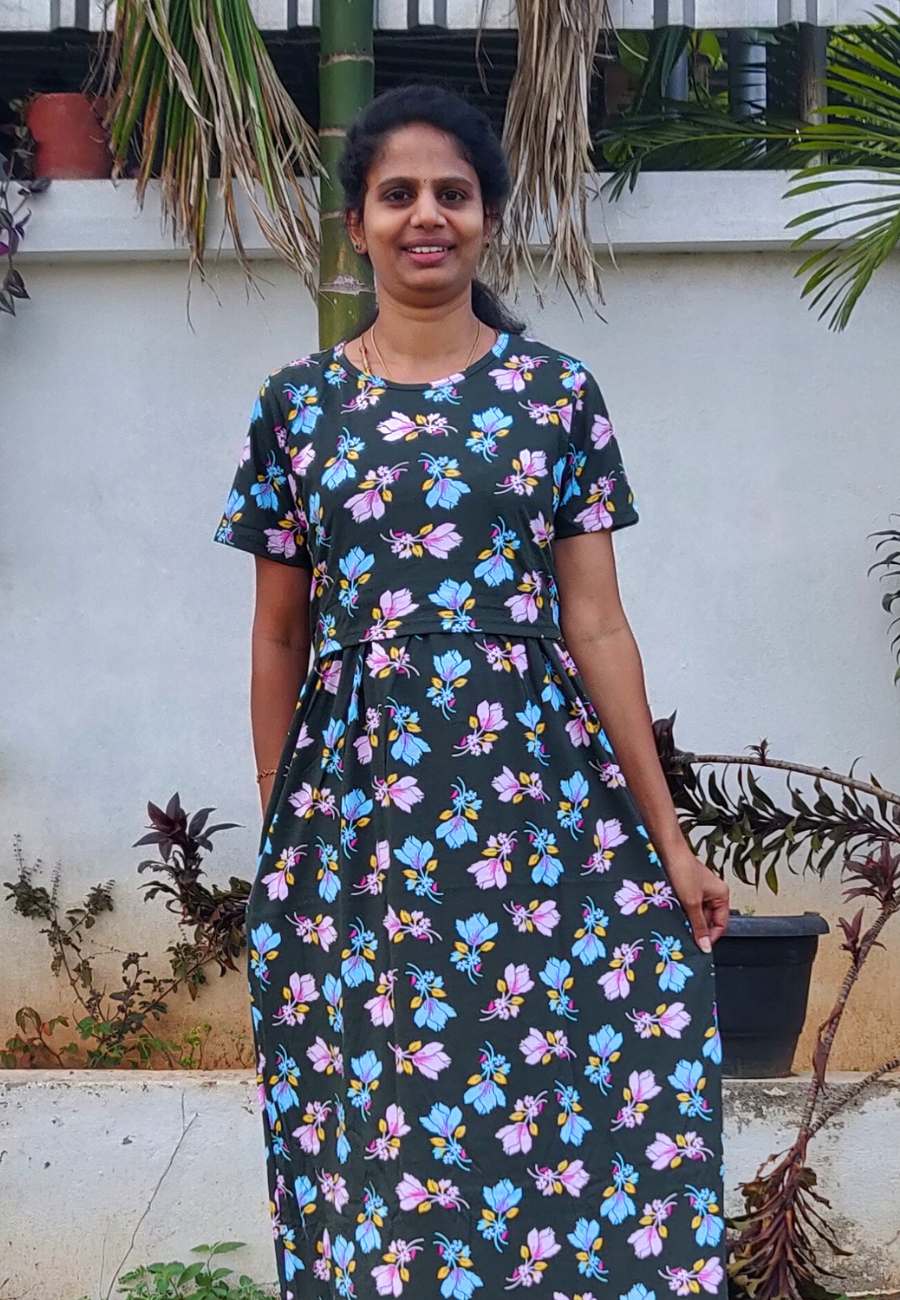 Black Hibis Soft Cotton Zipless Maternity & Feeding Dress | Full Length