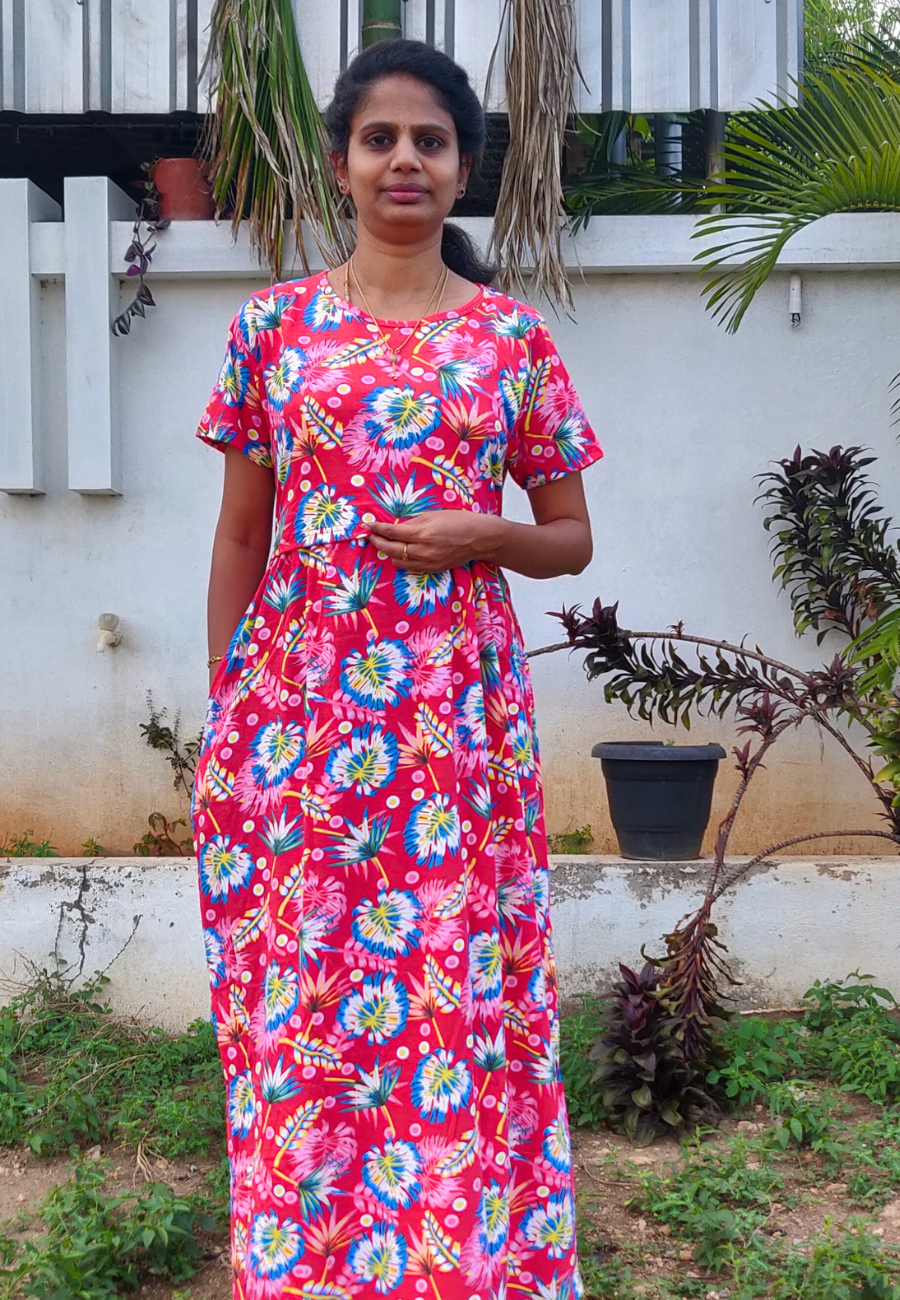 Red Crackers Soft Cotton Zipless Maternity & Feeding Dress | Full Length