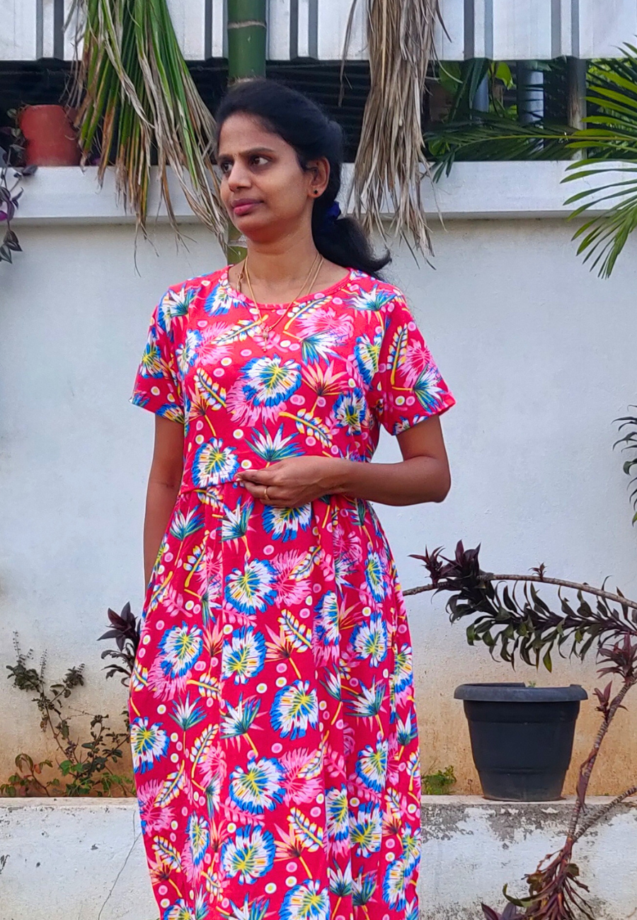 Red Crackers Soft Cotton Zipless Maternity & Feeding Dress | Full Length