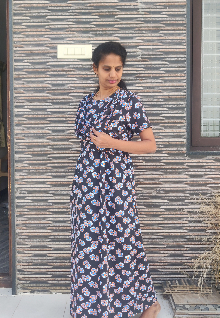 Black Leaf Soft Cotton Zipless Maternity & Feeding With Dupatta