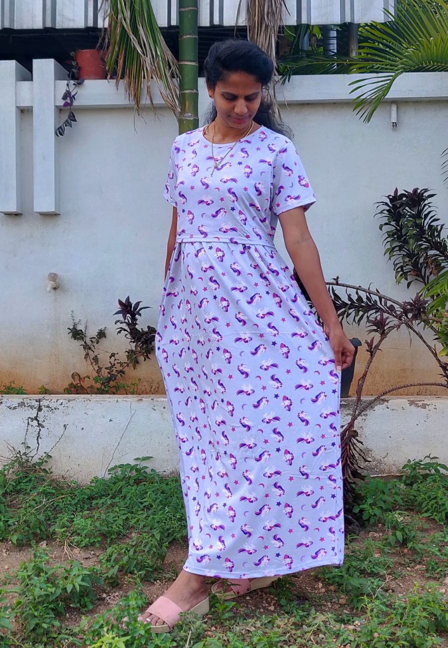 Unicorn Fly Soft Cotton Zipless Maternity & Feeding Dress | Full Length