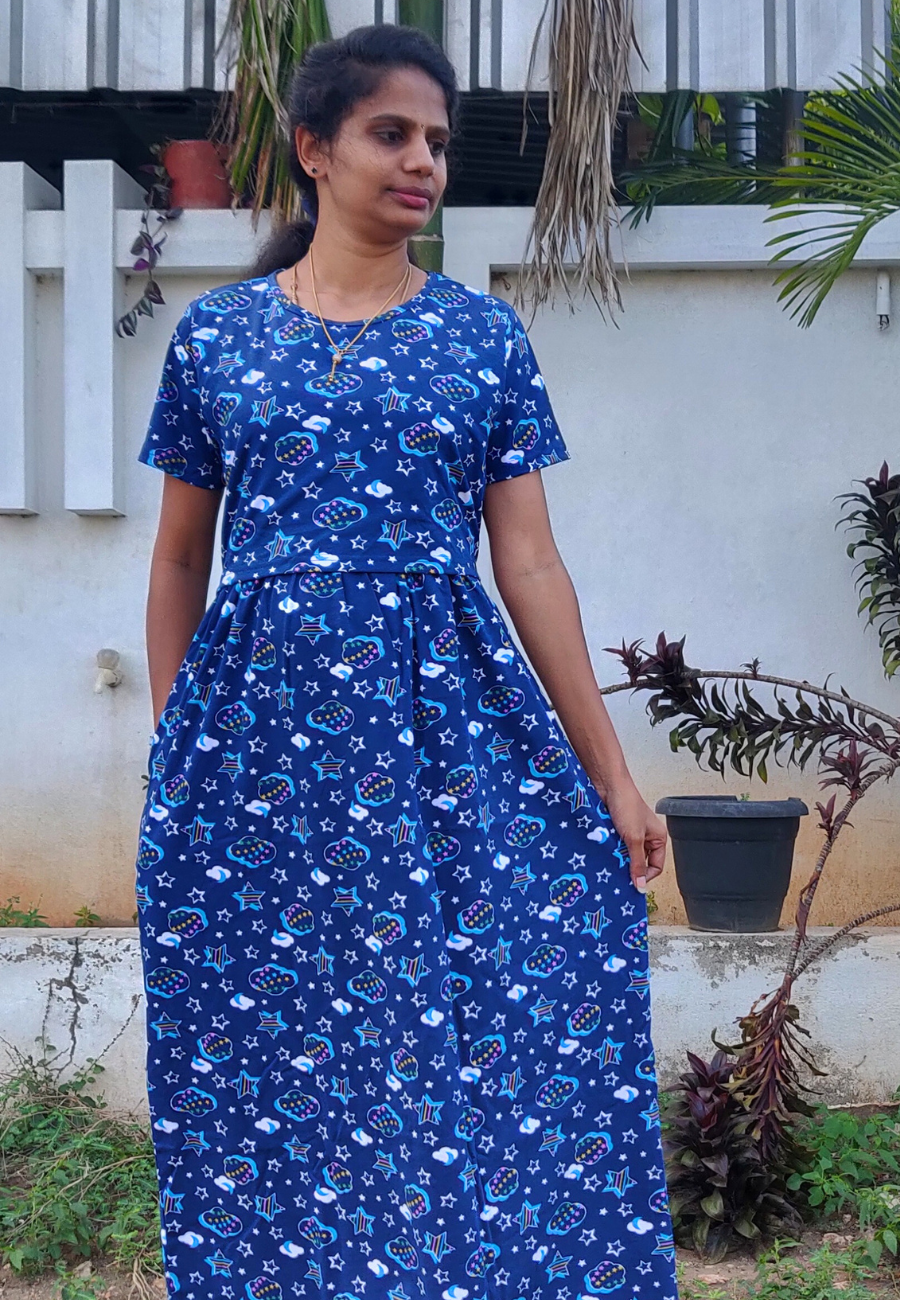 Cloud Navy Soft Cotton Zipless Maternity & Feeding Dress | Full Length