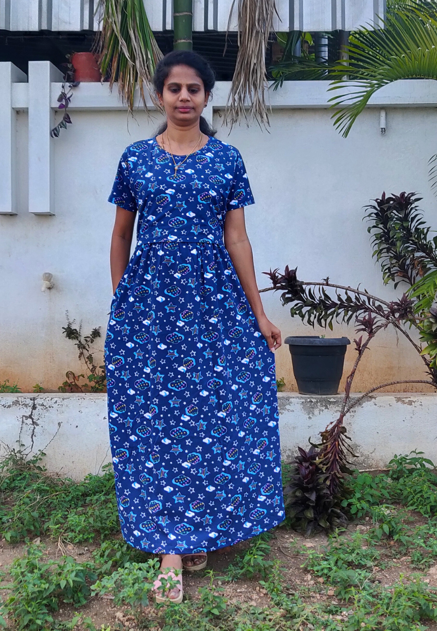Cloud Navy Soft Cotton Zipless Maternity & Feeding Dress | Full Length