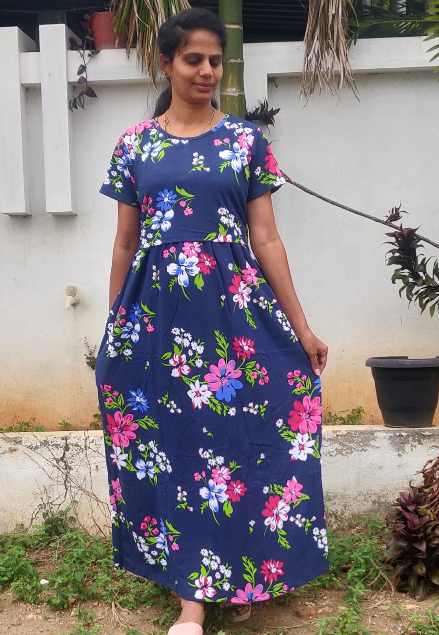 Navy Jasmine Soft Cotton Zipless Maternity & Feeding Dress | Full Length