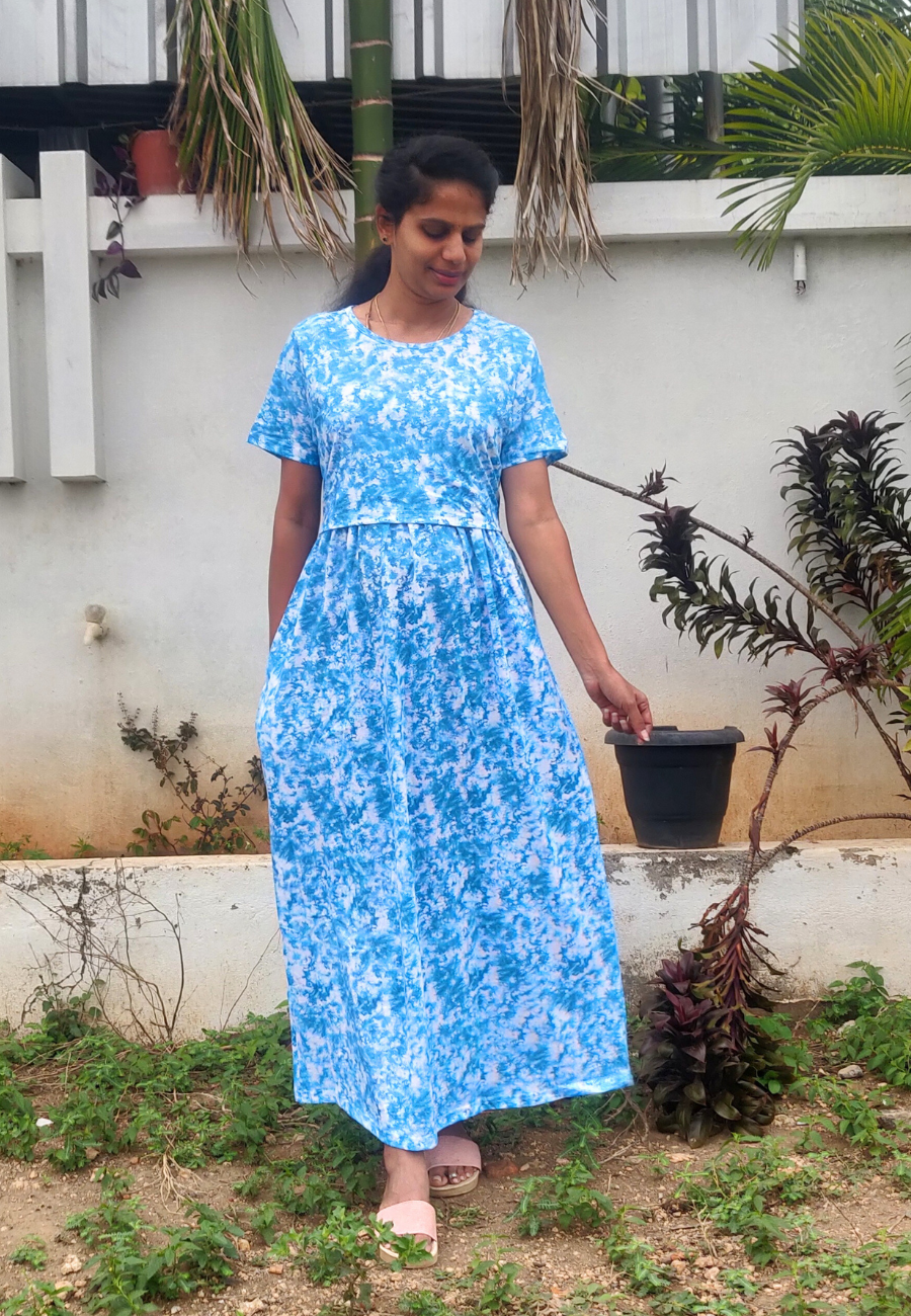 Torquoise Dye Soft Cotton Zipless Maternity & Feeding Dress | Full Length