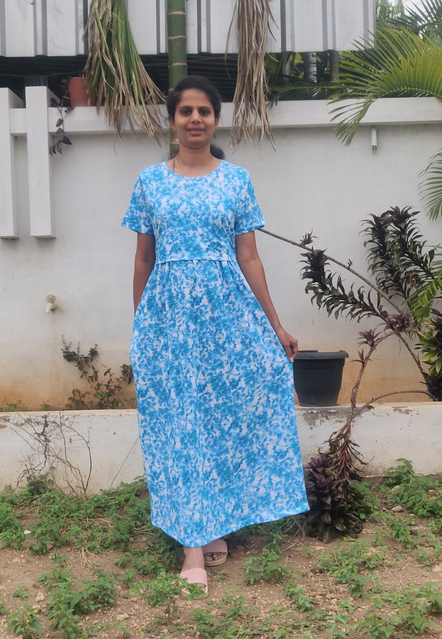 Torquoise Dye Soft Cotton Zipless Maternity & Feeding Dress | Full Length