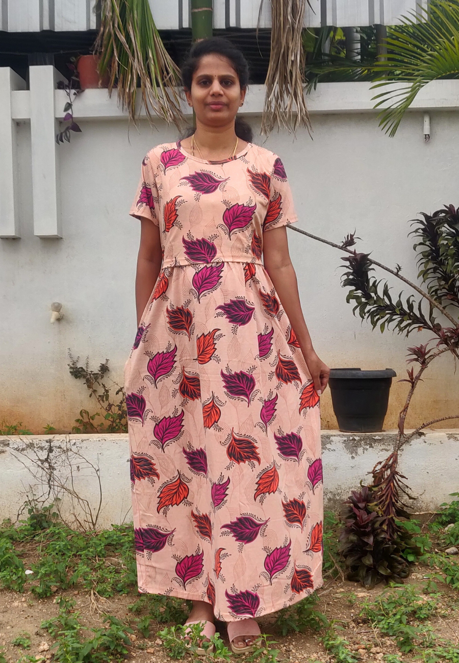 Henna Leaf Soft Cotton Zipless Maternity & Feeding Dress | Full Length