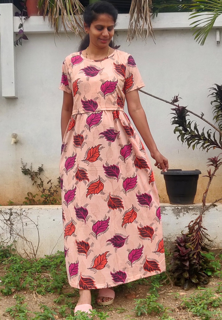 Henna Leaf Soft Cotton Zipless Maternity & Feeding Dress | Full Length