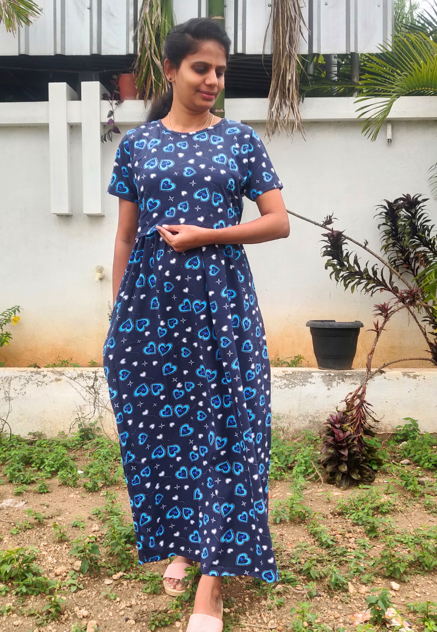 Blue Heart Blink Soft Cotton Zipless Maternity & Feeding Dress | Full Length