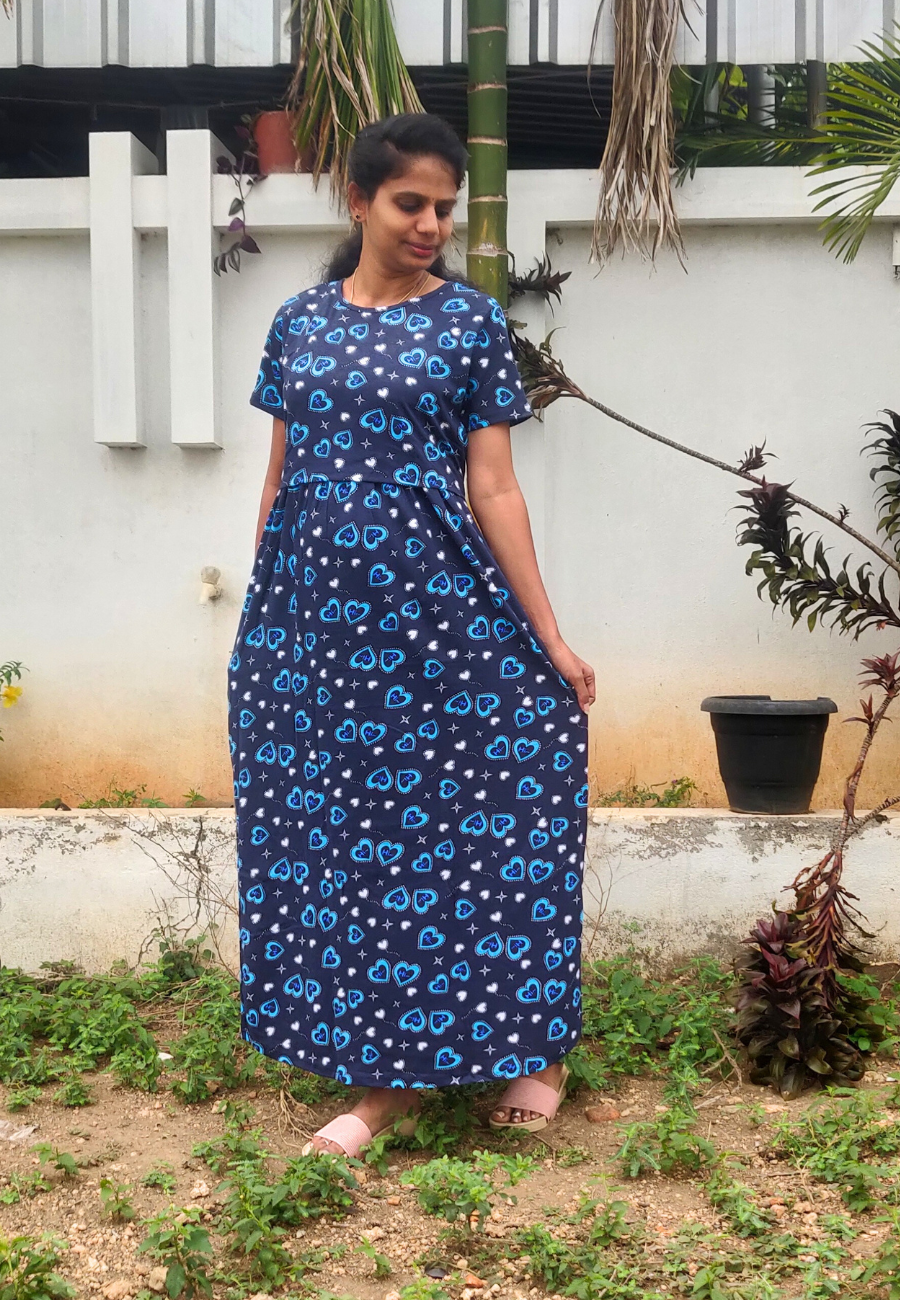 Blue Heart Blink Soft Cotton Zipless Maternity & Feeding Dress | Full Length