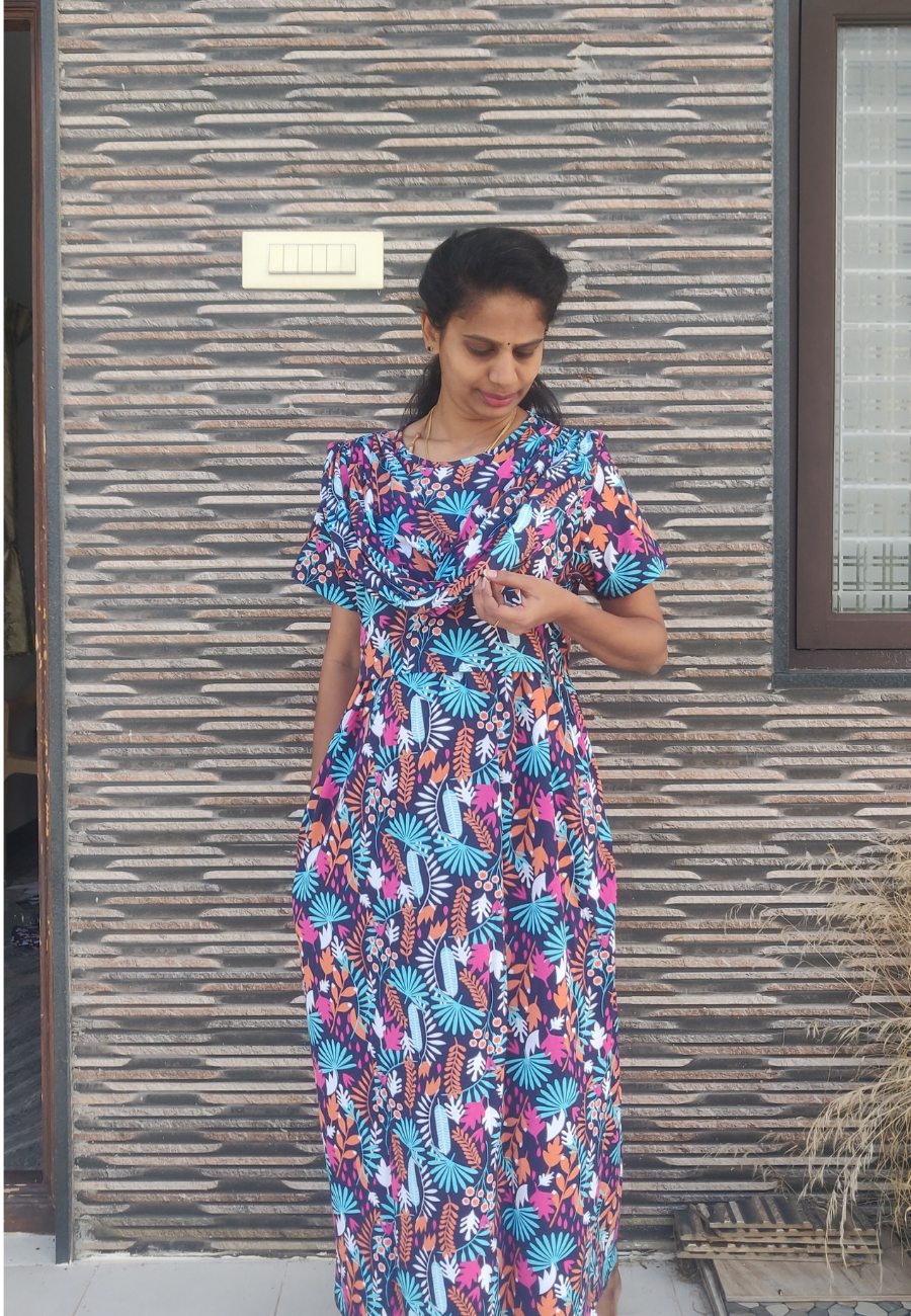 Leaf Blue Soft Cotton Zipless Maternity & Feeding With Dupatta