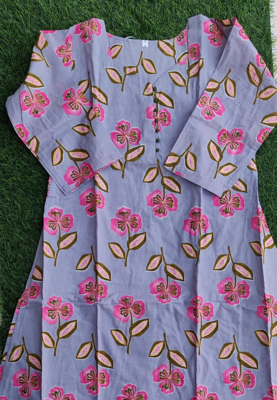 Grey Cotton A-Line Kurti