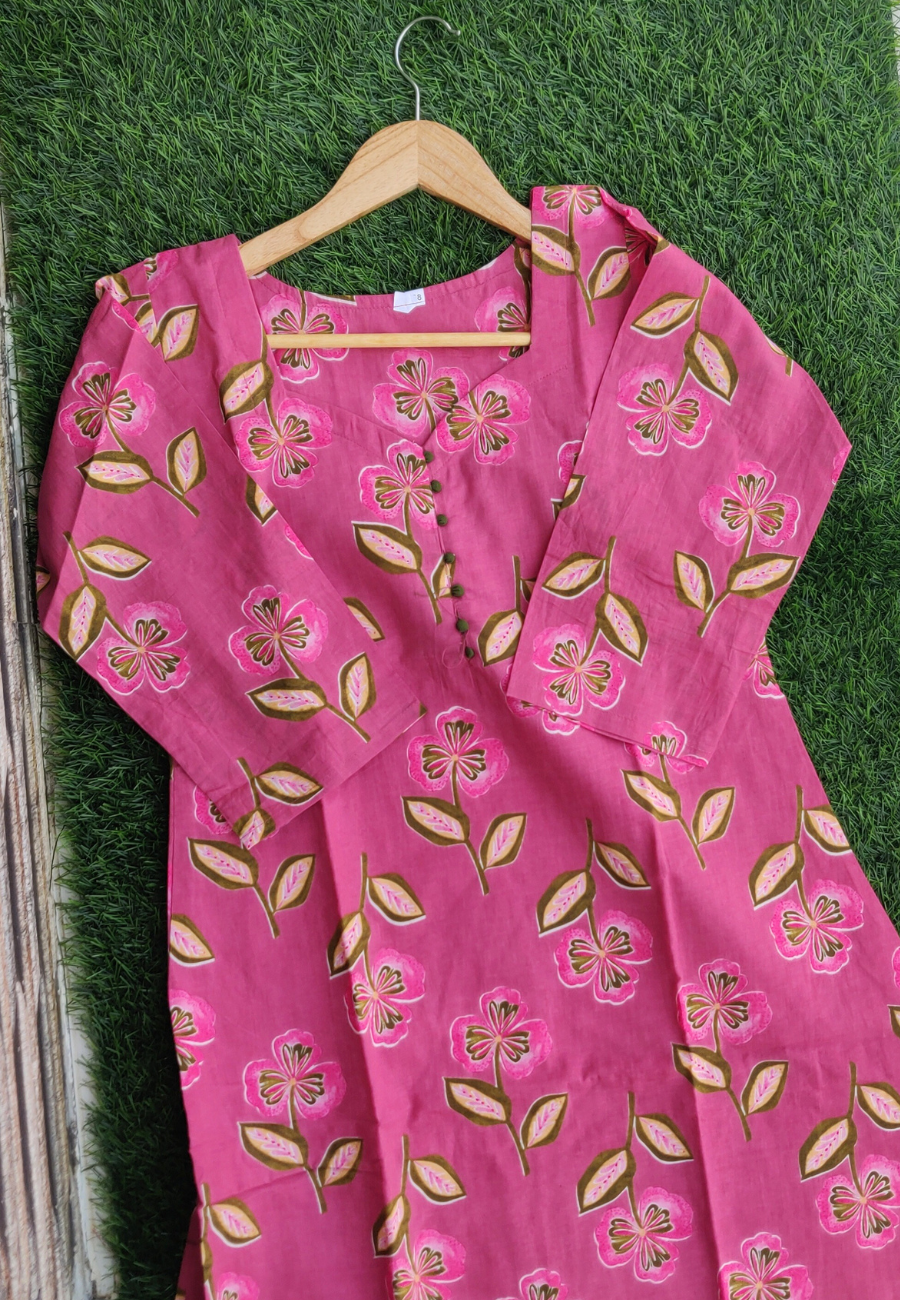 Onion Pink Cotton A-Line Kurti