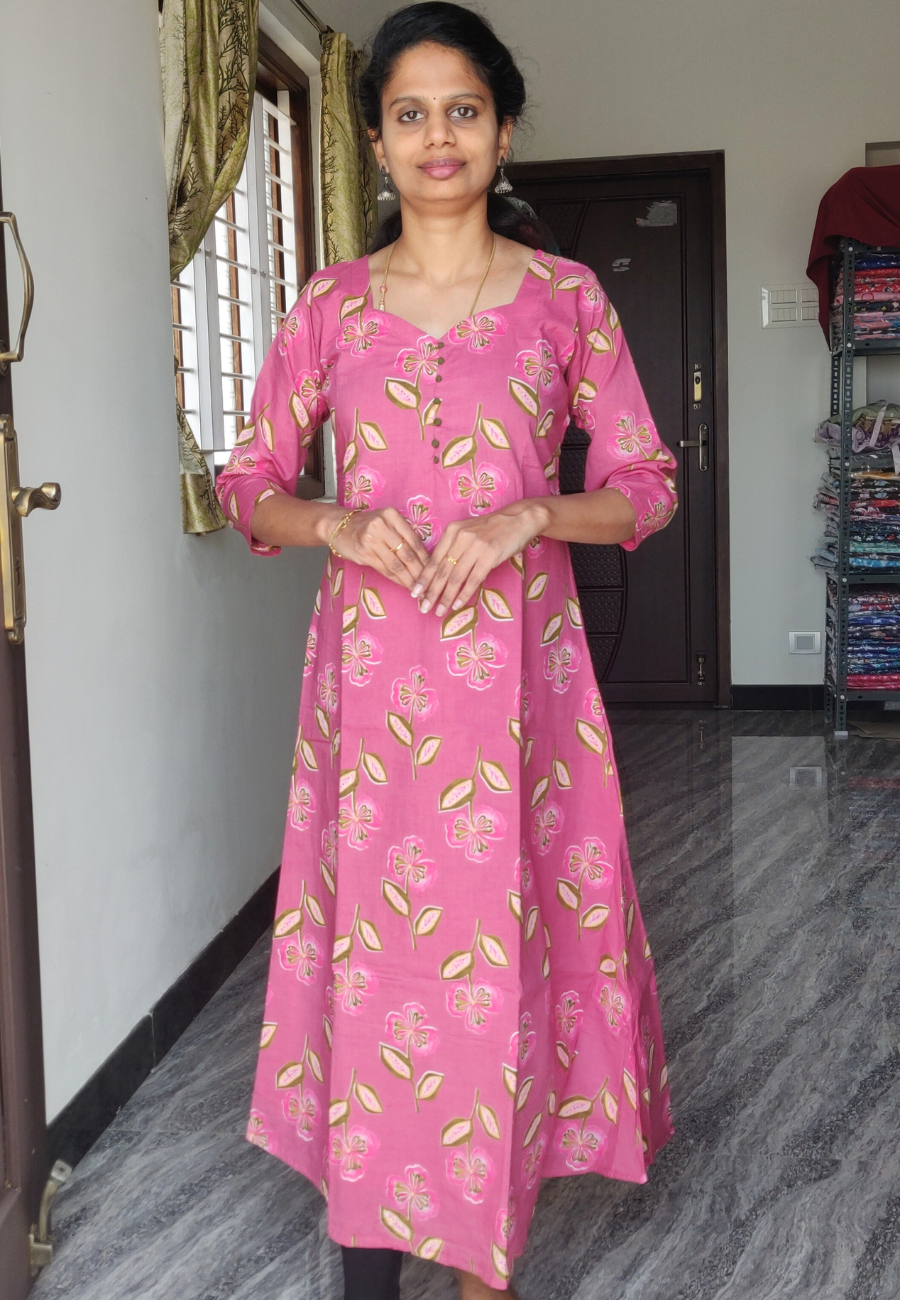 Onion Pink Cotton A-Line Kurti