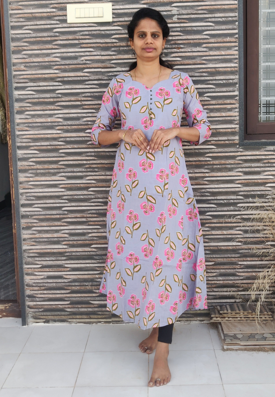 Grey Cotton A-Line Kurti