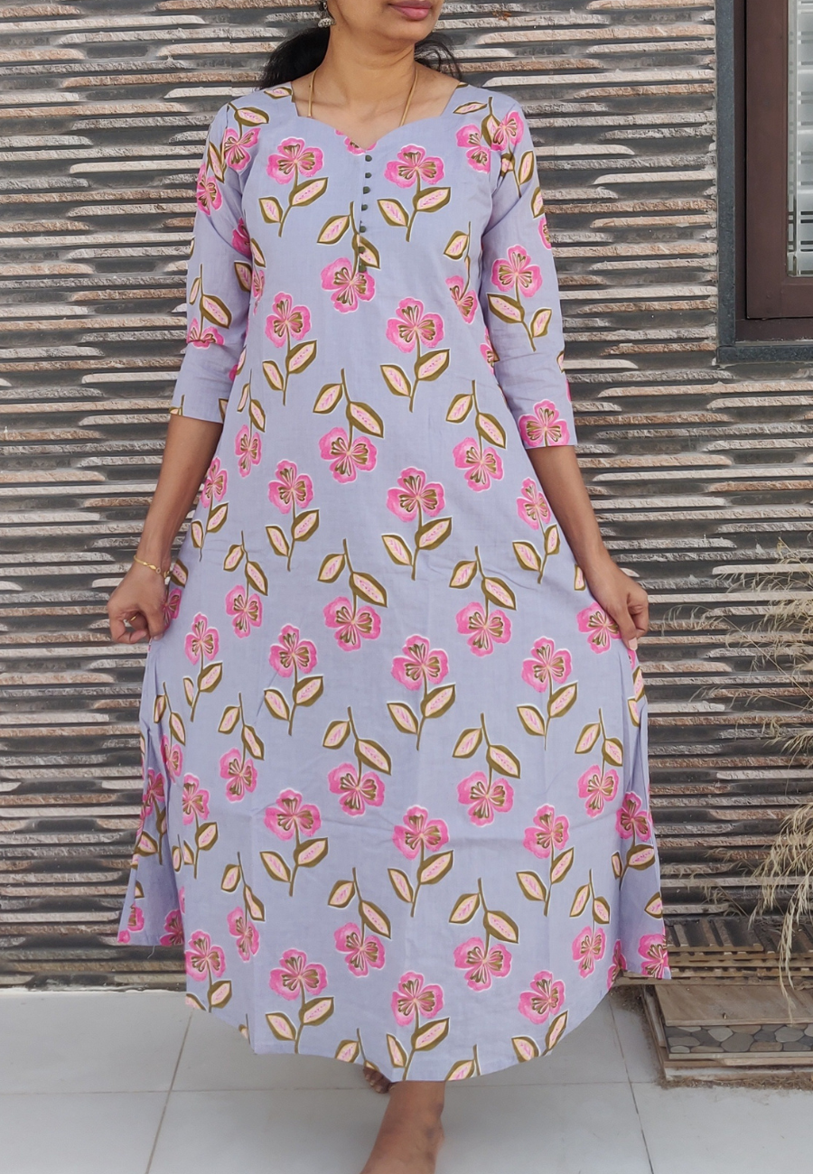 Grey Cotton A-Line Kurti