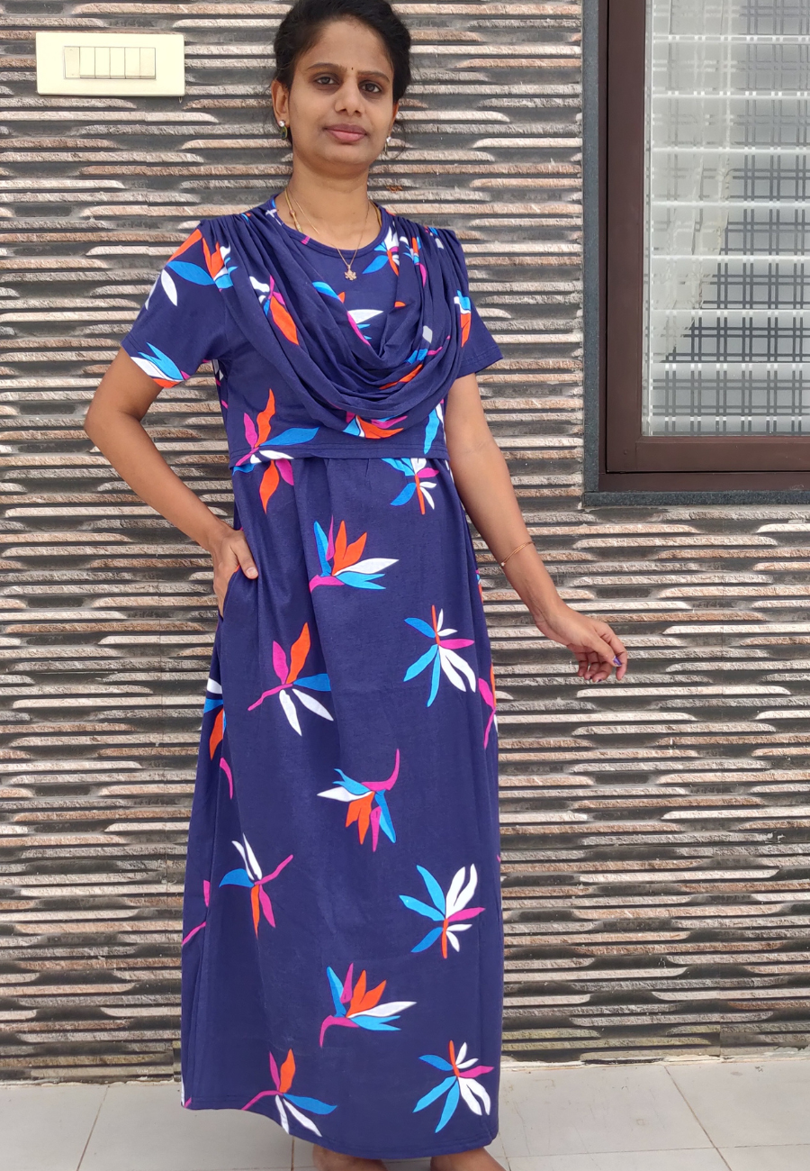 Navy Leaf Soft Cotton Zipless Maternity & Feeding With Dupatta
