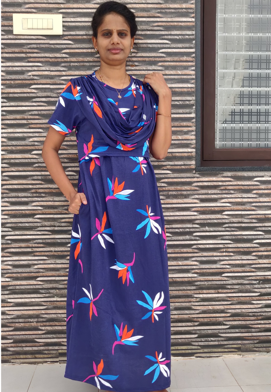 Navy Leaf Soft Cotton Zipless Maternity & Feeding With Dupatta