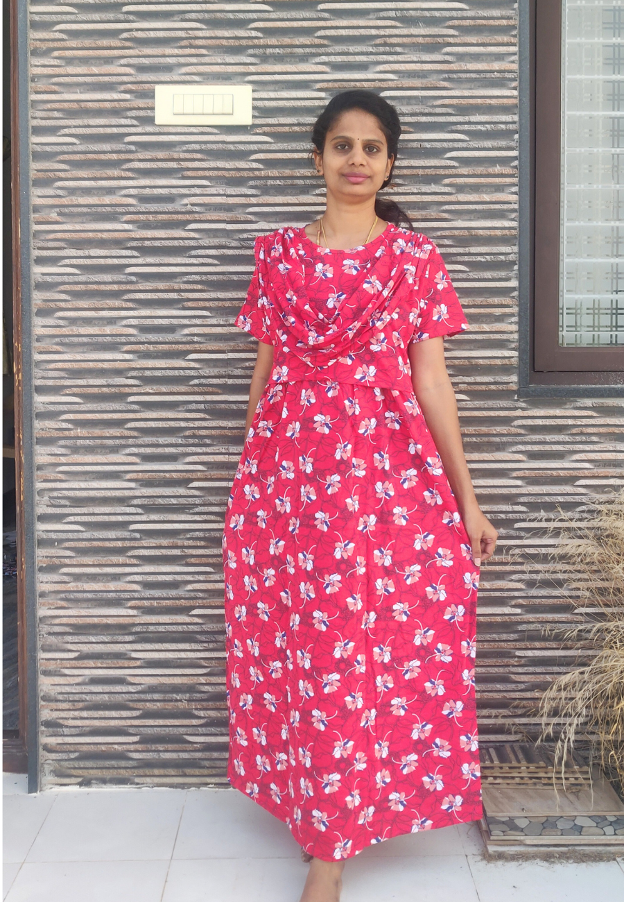 Red Hibiscus Soft Cotton Zipless Maternity & Feeding With Dupatta