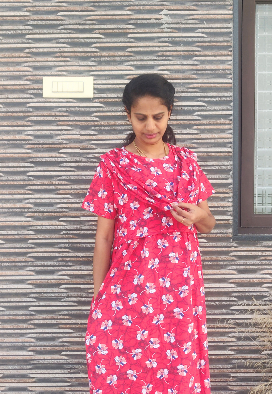 Red Hibiscus Soft Cotton Zipless Maternity & Feeding With Dupatta
