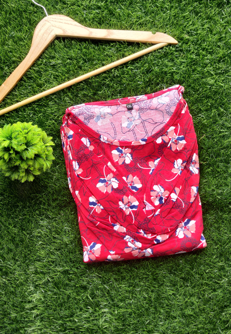 Red Hibiscus Soft Cotton Zipless Maternity & Feeding With Dupatta