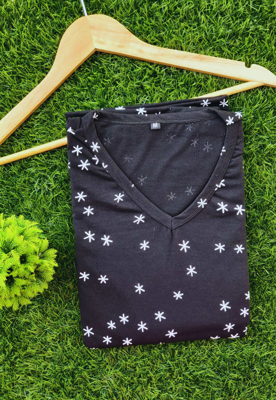 Black Baby Star Soft Cotton Full-Length Women’s Maxi Loungewear | V-Neck