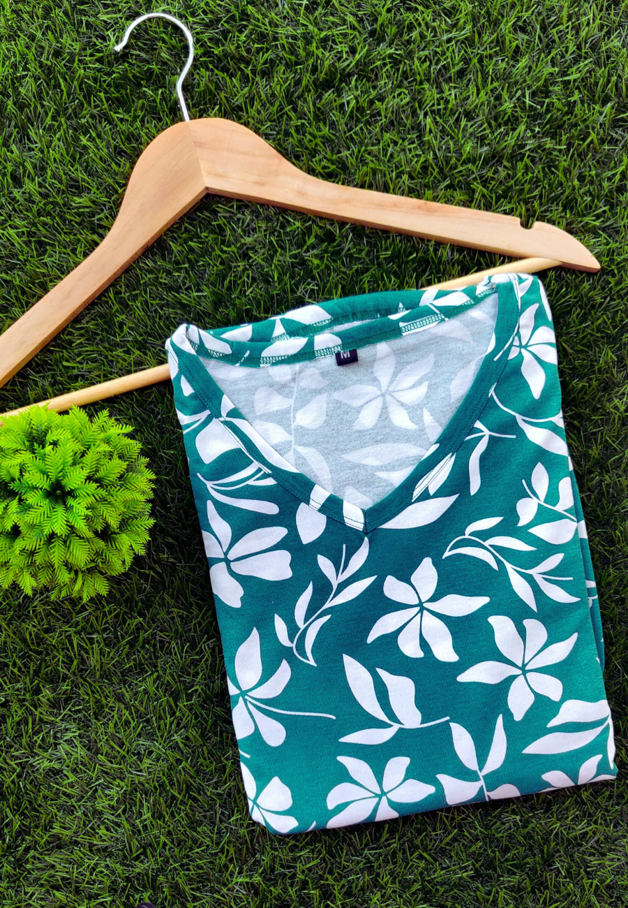 Green Floral – Soft Cotton Full-Length Women’s Maxi Loungewear | V-Neck