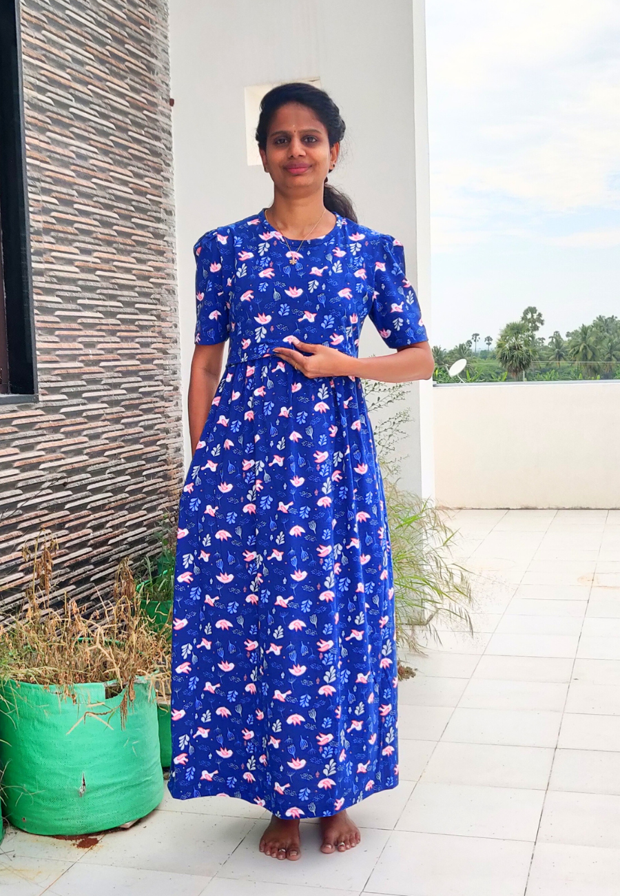 Blue Parrot Soft Cotton Zipless Maternity & Feeding Dress | Puff Sleeve