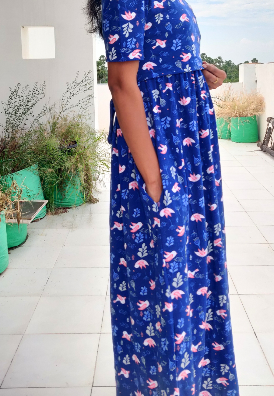 Blue Parrot Soft Cotton Zipless Maternity & Feeding Dress | Puff Sleeve