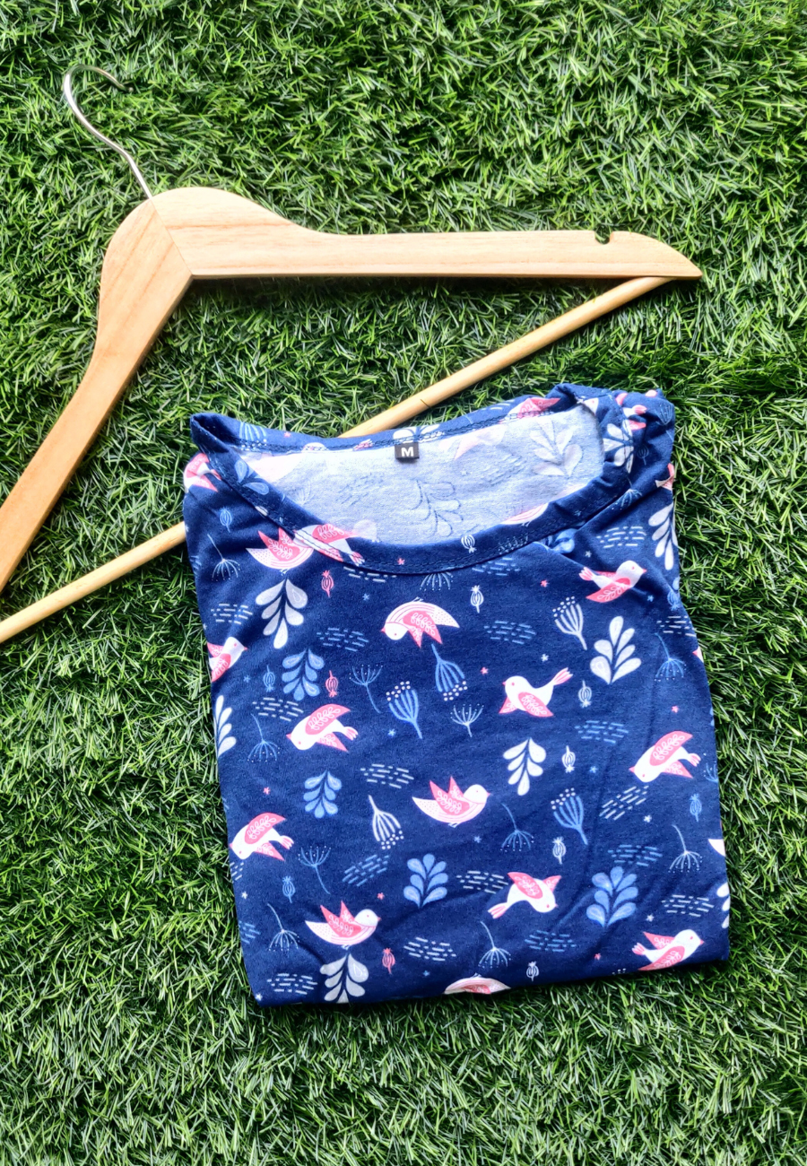 Blue Parrot Soft Cotton Zipless Maternity & Feeding Dress | Puff Sleeve
