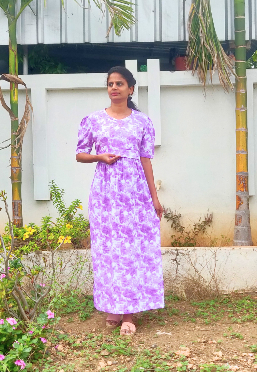 Lavendar Dye Soft Cotton Zipless Maternity & Feeding Dress | Puff Sleeve