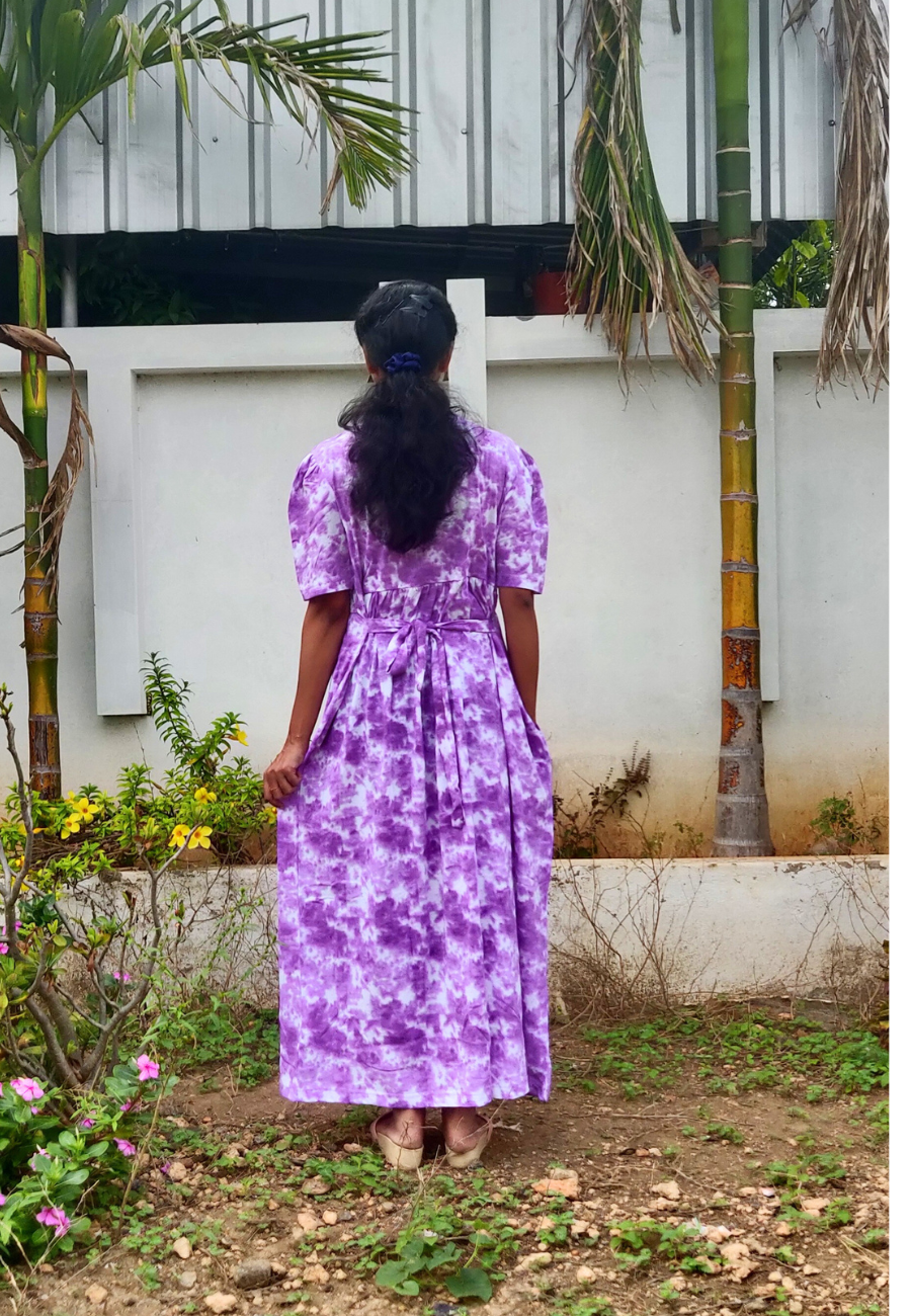 Lavendar Dye Soft Cotton Zipless Maternity & Feeding Dress | Puff Sleeve