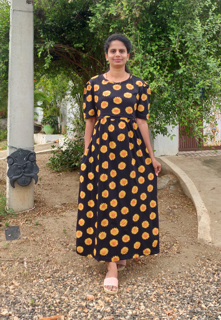 Sunflower Soft Cotton Zipless Maternity & Feeding Dress | Puff Sleeve