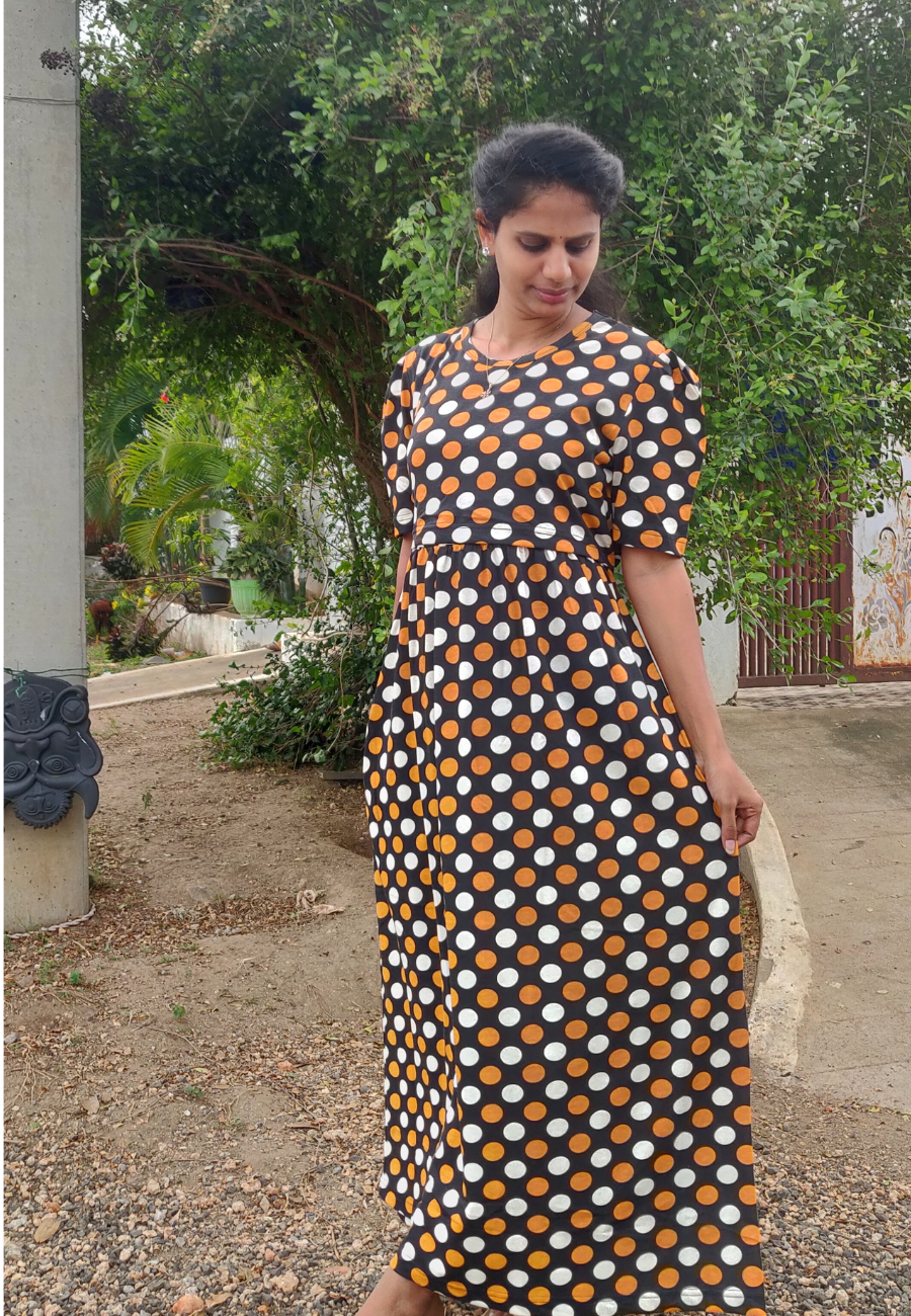 Yellow Dot Soft Cotton Zipless Maternity & Feeding Dress | Puff Sleeve