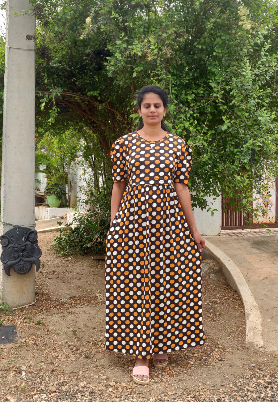 Yellow Dot Soft Cotton Zipless Maternity & Feeding Dress | Puff Sleeve