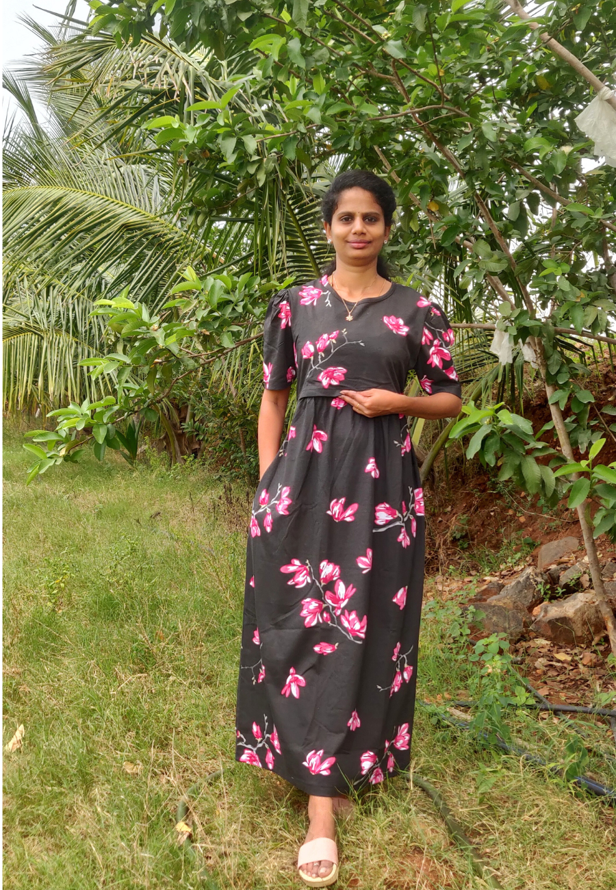 Agathi Soft Cotton Zipless Maternity & Feeding Dress | Puff Sleeve