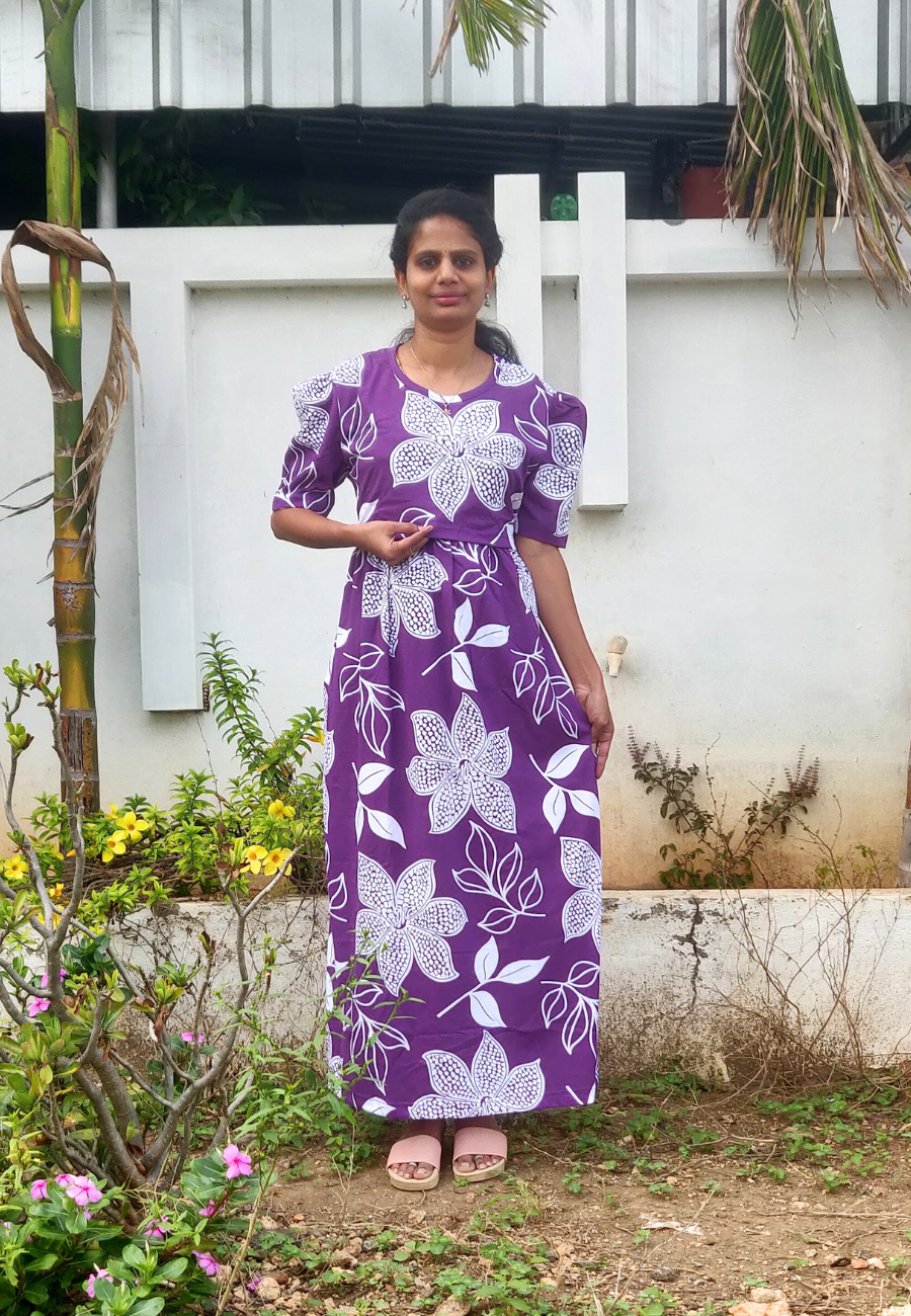 Purple Leaf Soft Cotton Zipless Maternity & Feeding Dress | Puff Sleeve
