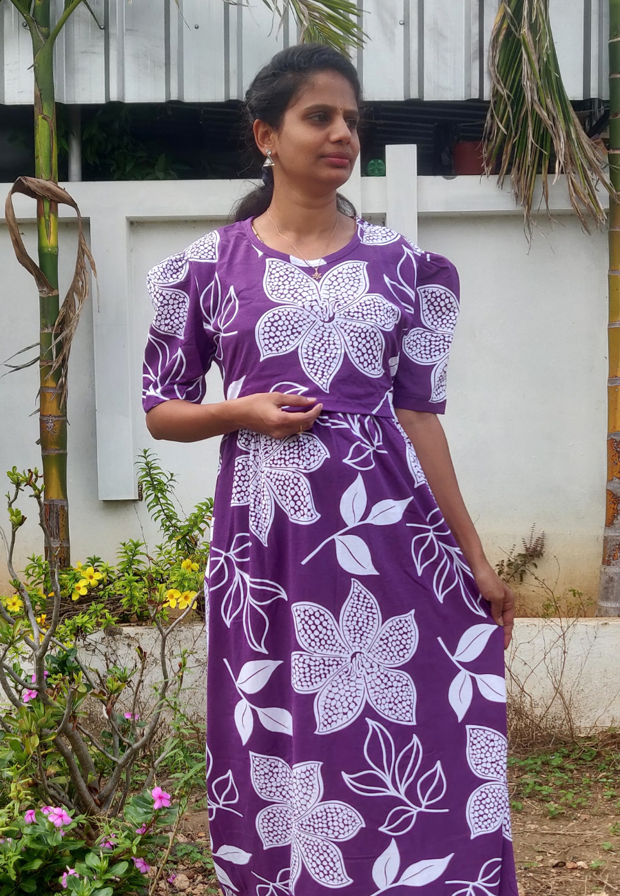 Purple Leaf Soft Cotton Zipless Maternity & Feeding Dress | Puff Sleeve