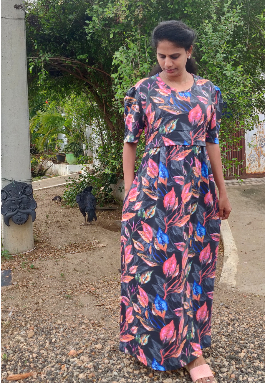Black Root Leaf Soft Cotton Zipless Maternity & Feeding Dress | Puff Sleeve