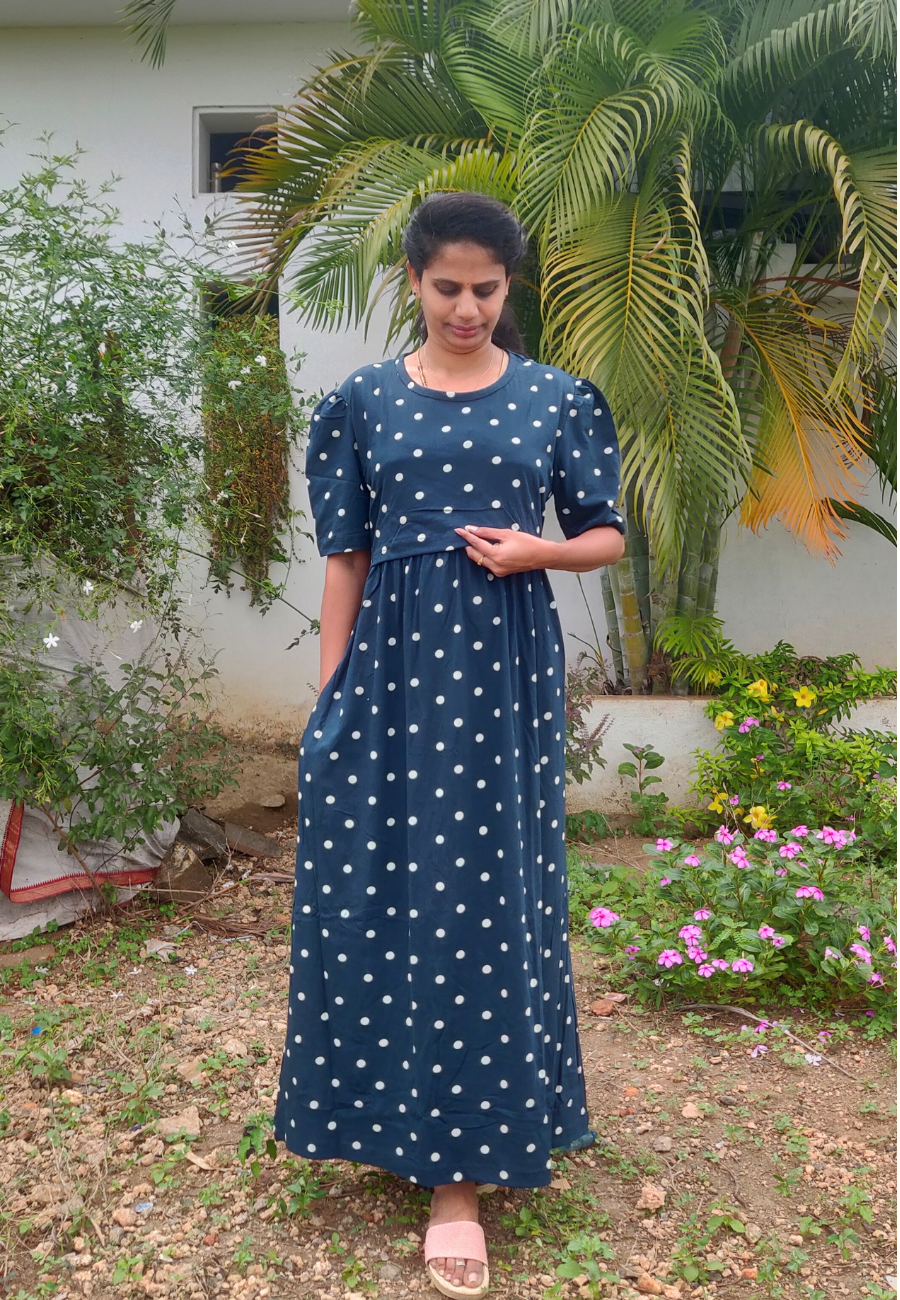 Green Polka Soft Cotton Zipless Maternity & Feeding Dress | Puff Sleeve